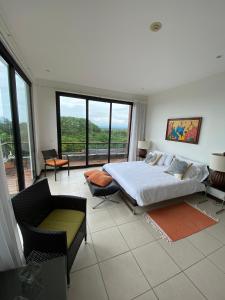 ein Schlafzimmer mit einem großen Bett und einem großen Fenster in der Unterkunft Vista Lapas Nativa Resort in Jacó