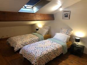 sypialnia z 2 łóżkami i świetlikiem w obiekcie Maison de ville avec garage w mieście Prades