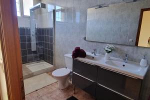 łazienka z umywalką, toaletą i prysznicem w obiekcie Maison de ville avec garage w mieście Prades +37 zdjęć