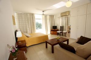 a living room with a couch and a bed at Pissouri Beach Apartments in Pissouri