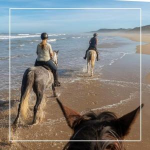 Due persone cavalcano a cavallo sulla spiaggia di Agriturismo I Grappoli ad Alberese