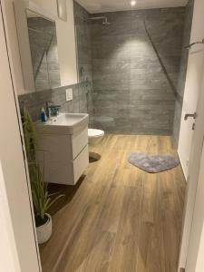 een badkamer met een wastafel, een toilet en een douche bij Schöne stilvolle 45 Garten Ferienwohnung im Melchtal Kerns in Melchtal