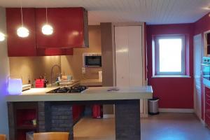 a kitchen with red cabinets and a stove top oven at Charmante maison au calme pour 6 personnes in Quincié-en-Beaujolais