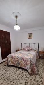 Casa Rural Ramos في ليناريس دي لا سييرا: غرفة نوم بسرير واضاءة