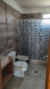 a bathroom with a toilet and a shower at Duplex en barrio privado in Mendoza