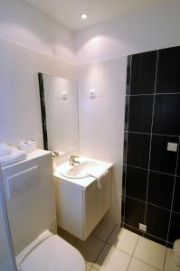 La salle de bains est pourvue d'un lavabo, de toilettes et d'un miroir. dans l'établissement Hotel Chantafred, à Pessac