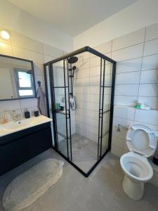 a bathroom with a shower and a toilet and a sink at Luxury boutique apartment with balcony and sea view 3BR in Tirat Karmel