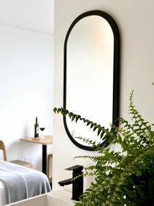 un espejo en un dormitorio con una planta al lado en Sao Paulo Hostel Club, en São Paulo