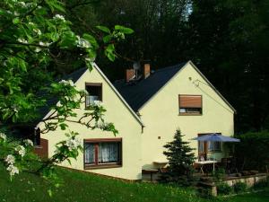 ein weißes Haus mit einem Tisch und einem Regenschirm in der Unterkunft Ferienhaus-Elisabeth Bungalow-Tom Bungalow-Peter in Reinhardtsdorf