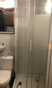 een badkamer met een toilet en een glazen douche bij Studio indépendant avec terrasse-climatisation in Marseille