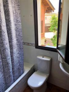 a bathroom with a toilet and a shower curtain at APARTAMENTOS CASERIA DE COMARES in Granada