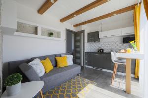 a living room with a couch and a kitchen at Lotti Residence Harmony in Balatonfüred