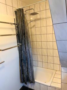 een badkamer met een douche en een bad bij Ferienwohnung Götel in Gladbeck