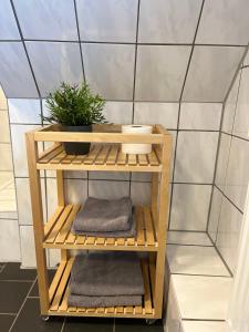 a wooden shelf with towels and a plant on it at Ferienwohnung Götel in Gladbeck