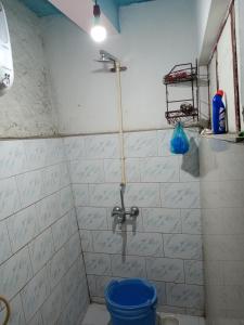 a bathroom with a shower with a blue toilet at Darjeeling Home in Darjeeling