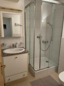 ein Bad mit einer Dusche und einem Waschbecken in der Unterkunft Chesa Islas, Wohnng 11 in Pontresina