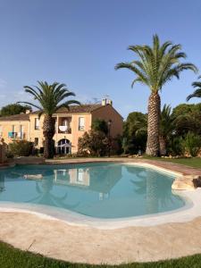 una grande piscina con palme di fronte a una casa di Casita Ziba a Cala de Finestrat