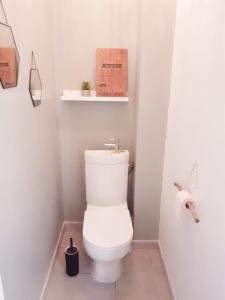 ein Bad mit einem weißen WC in einem Zimmer in der Unterkunft Maison ensoleillée de plain-pied ouvert sur un jardin clôturé in Mallemoisson
