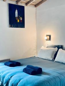 CASA AZUL - jardin, calme, tennis في نيم: سرير ازرق كبير عليه وسادتين ازرق