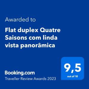 Ett certifikat, pris eller annat dokument som visas upp på Flat duplex Quatre Saisons com linda vista panorâmica
