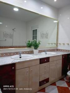 uma casa de banho com 2 lavatórios e um espelho grande em CASA PUERTA DEL BOROSA em Coto Ríos