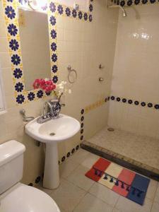 W łazience znajduje się umywalka, toaleta i prysznic. w obiekcie Lush Garden House near beaches with private pool. w mieście Puerto Escondido
