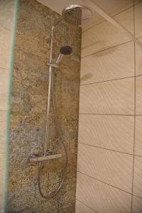 a shower in the corner of a bathroom at Apartament Dworcowa in Kalisz