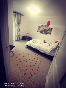 1 dormitorio con 1 cama con corazones rojos en el suelo en La cabana lu' Vasile en Fundu Moldovei