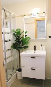 a bathroom with a sink and a shower and a plant at Niza Mar in Vélez-Málaga