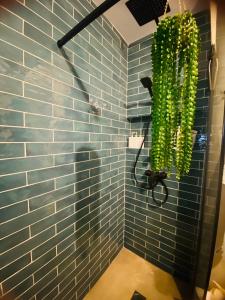a bathroom with a blue tiled wall and a shower at ElenaHost City Park Center 5 in Madrid
