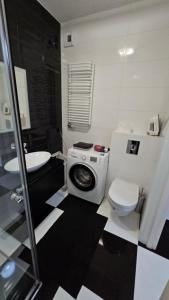 W łazience znajduje się toaleta, umywalka i pralka. w obiekcie Apartament Katowice Park Śląski w mieście Katowice