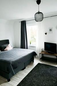 a bedroom with a bed and a television and a window at Modernes Apartment mit Balkon free Parking Netflix in Celle