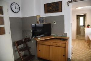 een woonkamer met een televisie op een houten tafel bij Pri Matičku in Bohinj