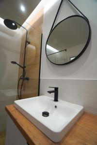 lavabo con espejo y ducha en Apartament Manhattan, en Płock
