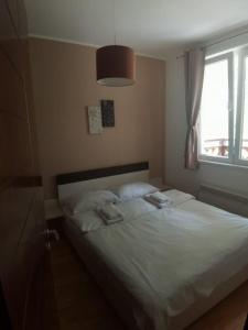 1 dormitorio con 1 cama blanca y ventana en APARTMENTS FOKA&SPA - 600m from Gondola ski lift, en Kopaonik