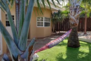 a hammock between two palm trees in a yard at Villa Hye in Willemstad