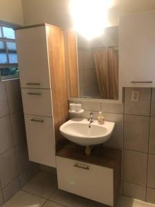 W łazience znajduje się umywalka i lustro. w obiekcie Villa Hye w mieście Willemstad