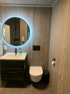 ein Badezimmer mit einem Waschbecken, einem WC und einem Spiegel in der Unterkunft Vangslia, Oppdal. Lekker leilighet med ski inn/ski ut in Oppdal