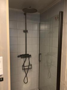 uma casa de banho com um chuveiro e uma porta de vidro em Vangslia, Oppdal. Lekker leilighet med ski inn/ski ut em Oppdal