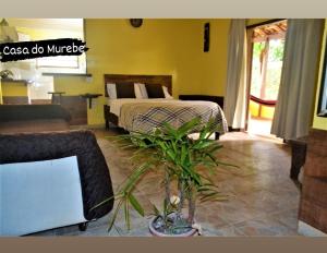 a living room with a bed and a plant at Casa do Murebe in Búzios