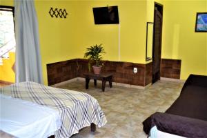 a yellow room with a table with a potted plant at Casa do Murebe in Búzios