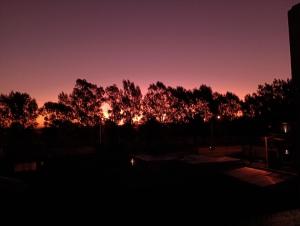 una puesta de sol sobre un estacionamiento con árboles en el fondo en san vicente en Olavarría