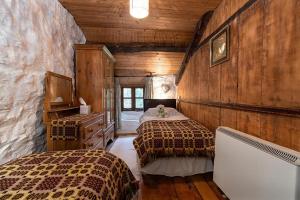 a bedroom with two beds in a room with wooden walls at Glan Lledr in Betws-y-coed