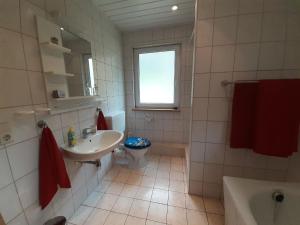 uma casa de banho com um lavatório, um WC e uma janela. em Ferienhaus für 6 Personen ca 96 qm in Großbreitenbach, Thüringen Rennsteig em Großbreitenbach