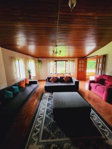 a living room with couches and a wooden ceiling at Pousada Sítio do Sossego in Monte Alegre do Sul