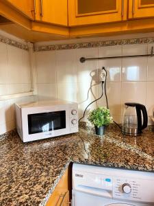 a kitchen counter with a microwave on top of it at Lisbon Airport Guesthouse in Lisbon