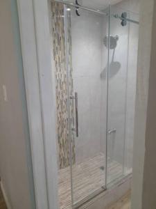 W łazience znajduje się prysznic ze szklanymi drzwiami. w obiekcie Healing in the City w mieście Montego Bay