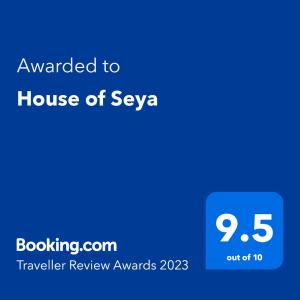 Certifikat, nagrada, logo ili neki drugi dokument izložen u objektu House of Seya