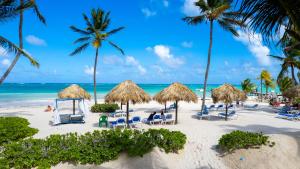 a beach with chairs and palm trees and the ocean at Costa Atlantica Punta Cana - Beach Vacation Condos in Punta Cana