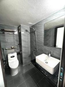 a bathroom with a white sink and a toilet at Era Apartment Tran Thai Tong in Hanoi